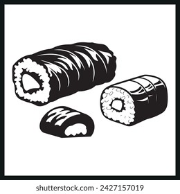 Set Of Sushi Roll Silhouette , Sushi Rolls Black Silhouette Isolated Vector Illustration, Hand Drawn, Asian Sushi Flat Vector Icon