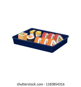 Set of sushi rolls in blue tray. Traditional Asian food. Japanese cuisine. Flat vector for promo poster, cafe or restaurant menu