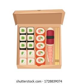 Set of sushi and rolls in a cardboard box. Japanese food with delivery. Flat lay illustration.