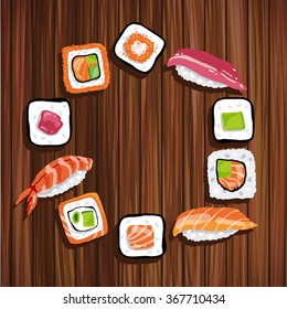 Set of sushi rolls in circle on wooden background. Japanese Food. Vector Illustration.