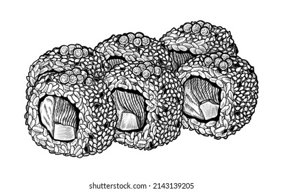 Set of sushi rolls with cucumber, cream cheese, sesame and yellowtail. Isolated hand drawn vector illustration.