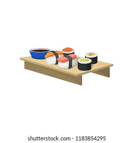 Set of sushi rolls with different ingredients and soy sauce on wooden plate. Japanese food. Asian cuisine. Flat vector design