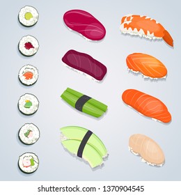 Set of sushi rolls. The different kinds of sushi on gray background. Vector Illustration