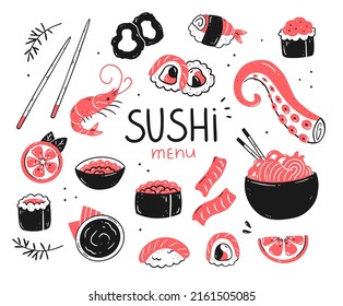 Se sirve sushi y panecillos en forma de doodle. La comida japonesa. Colección de objetos. Vector aislado de la ilustración alimentaria.