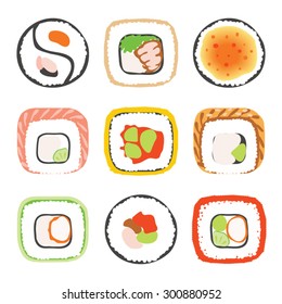 A set of sushi rolls. Flat vector design. 