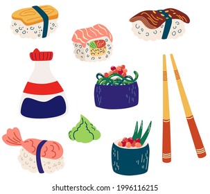 Set of sushi and rolls. Gunkan and inari sushi with shrimp, salmon or eel nagiri. Soy sauce in a bottle, wooden sticks. Japanese cuisine cooking. Restaurant food. Vector flat illustration.