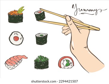 Set of sushi, rolls and gunkans. Hand with chopsticks holding roll. Asian food. Japanese rolls with seafood and rice. Logo for the brand. Vector illustration for any design.