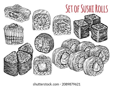 Set of sushi rolls. Hand drawn food icons for menu templates. Vector illustration.