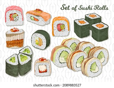 Set of sushi rolls. Hand drawn food icons for menu templates. Vector illustration.
