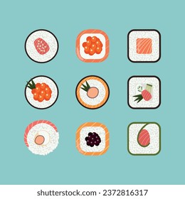 Set of sushi and rolls. Hand drawn collection in flat style. Vector illustration on blue background