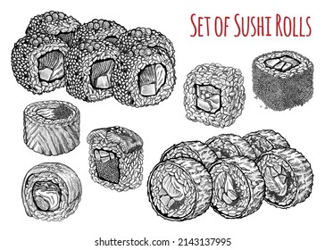 Set of sushi rolls. Isolated hand drawn vector illustration.