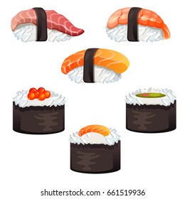 Set of sushi and rolls isolated on white background. Nigiri unagi sushi with smoked shrimp and salmon. Vector cartoon close-up illustration.