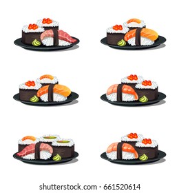 Set of sushi and rolls isolated on white background. Nigiri unagi sushi with smoked shrimp and salmon on a black plate with wasabi. Vector cartoon close-up illustration.