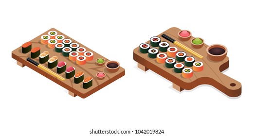 Set of sushi and rolls in an isometric style. Design servings in the restaurant. Vector illustration isolated on white background.
