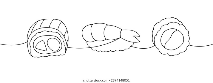 Set of sushi rolls. Japanese cuisine, traditional food one line drawing. Philadelphia roll, shrimp nigiri, ebi sushi, futomaki one line illustration.