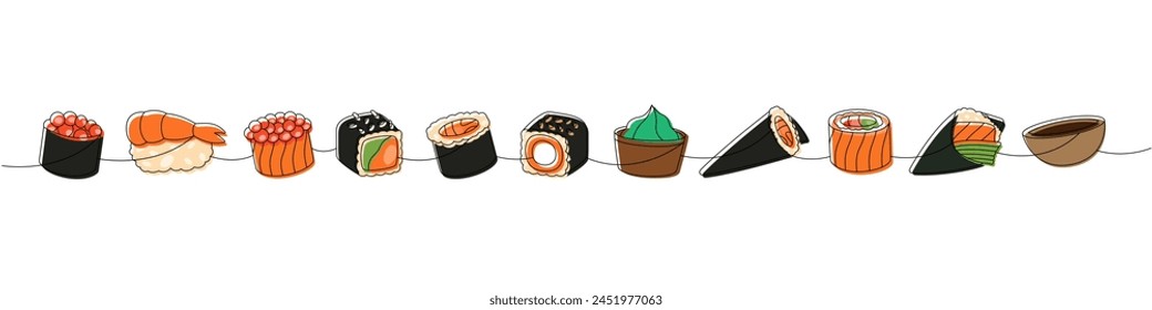 Set of sushi rolls. Japanese cuisine, traditional food one line drawing. Ikura sushi, tobiko maki, shrimp nigiri, tekkamaki tuna roll, futomaki