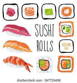 Set of sushi rolls. Japanese Food. Vector Illustration.