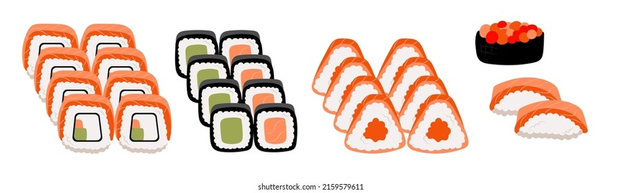 Set of sushi, rolls, nigiri, sashimi, nigiri, maki, gunkan, uramaki with tuna, shrimp, salmon, tempura, seaweed, caviar, wasabi and soy souse. Japanese style. Vector illustration for restaurant menu