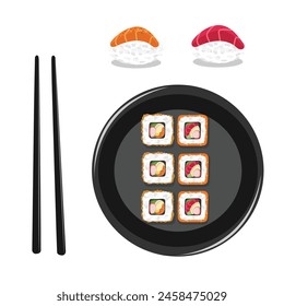 Set of sushi and rolls on a plate with cartoon-style chopsticks on a white background