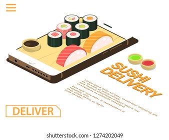 Set of sushi and rolls on a smartphone with japanese chopsticks, soy sauce, ginger and wasabi. Online sushi order. Ecommerce concept: order food online. Flat 3d isometric vector illustration