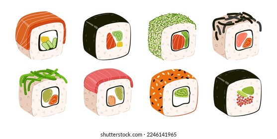 Set of sushi rolls on white background
