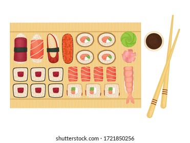 Set of sushi and rolls on a wooden Board with soy sauce, wasabi and ginger. Japanese food. Flat lay illustration.