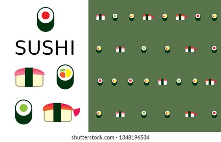 A set of sushi rolls patterns and example seamless background based on it.