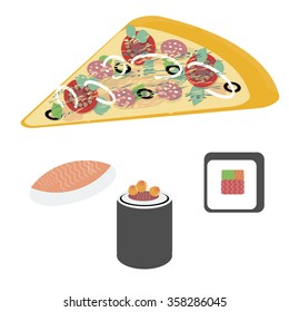 Set of sushi and rolls a piece of hot delicious pizza vector. Advertising Italian, Japanese restaurants