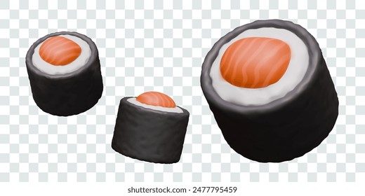 Set of sushi rolls with red fish. Isolated realistic templates for seafood menu