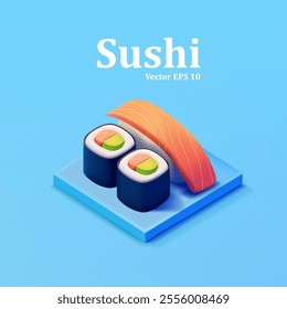 Set of sushi rolls with salmon, 3D. Realistic icon on blue background for Japanese food, restaurant, and cafe concepts. Vector illustration.