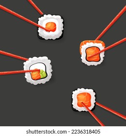Sushi-Brötchen mit Lachs, Gurken, Reis. asiatisches Essen in Stäbchen