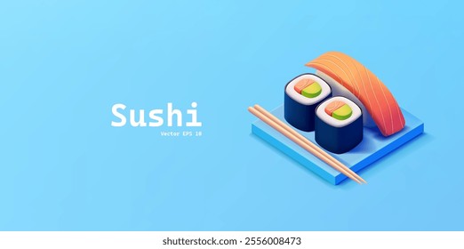 Set of sushi rolls with salmon on a board with sushi chopsticks, 3D. Realistic image for advertising delicious traditional Japanese food, discounts, and promotions. Vector illustration.