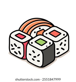 conjunto de rolos de sushi com salmão e arroz em estilo linear. ilustração vetorial isolado no fundo branco