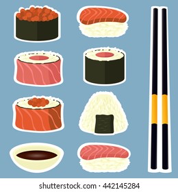 Set of sushi and rolls with sauce on a blue background