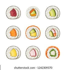 Set sushi rolls with various ingredient. Fast-food collection. Traditional japanese healthy food with rice, cucumber, avocado, fish, meat. Japan snack asian eating. EPS10 vector illustration.