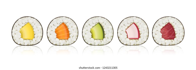 Sushi-Rollen mit verschiedenen Zutaten zusammenstellen. Fast-Food-Sammlung. Traditionelle japanische gesunde Lebensmittel mit Reis, Gurken, Avocado, Fisch, Fleisch. Japan schnappt asiatisch essen. EPS10 Vektorgrafik.