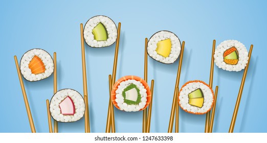 Set sushi rolls with various ingredient. Fast-food collection. Traditional japanese healthy food with rice, cucumber, avocado, fish, meat. Japan snack asian eating. Blue. EPS10 vector illustration.