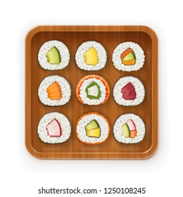 Set sushi rolls with various ingredient on wooden tray. Fast-food collection. Traditional japanese healthy food with rice, cucumber, avocado, fish, meat. Japan snack asian. Vector illustration.