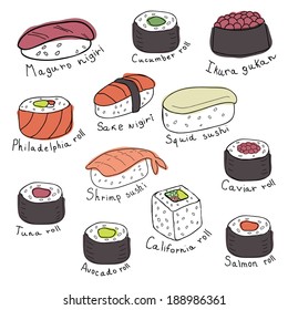 Set of sushi and rolls, vector illustration