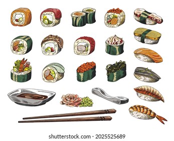 Set sushi and rolls, wasabi, ginger, chopsticks and soya sauce. Traditional japanese food from seafood and rice. Vector sketch isolated illustrations for menu, package or label.