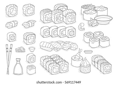 Set of sushi, rolls, wasabi, soy sauce, ginger, chopsticks. Traditional japanese seafood dishes. Hand drawn elements for menu design, vector contour illustration collection.