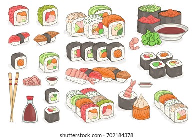 Set of sushi, rolls, wasabi, soy sauce, ginger, chopsticks. Traditional japanese seafood dishes. Hand drawn elements for menu design, vector colorful illustration collection.