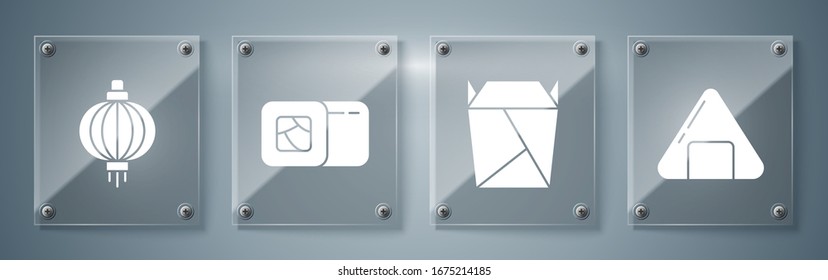 Set Sushi, Rstaurant opened take out box filled, Sushi and Japanese paper lantern. Square glass panels. Vector