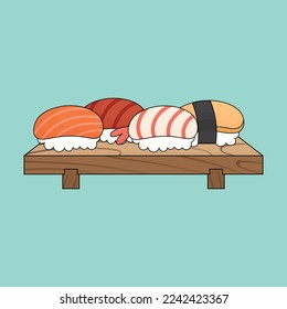 Set of Sushi with Salmon, Tuna or Maguro, Shrimp, Herring Roe on a Wooden Tray. Collection of Illustrations on a Blue Background