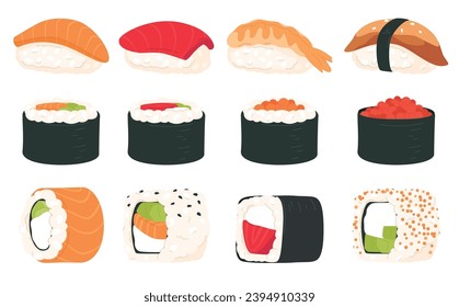 Set of sushi and sashimi. A traditional Japanese dish. Rice with fish. Delicious restaurant food. Vector illustration