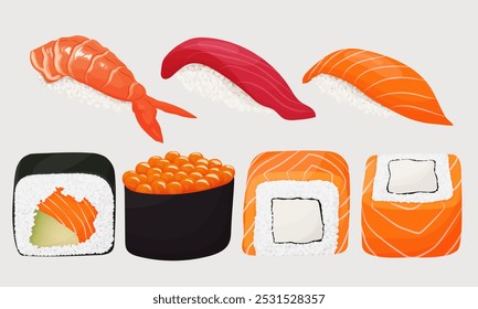 Conjunto de sushi e sashimi. Um prato tradicional japonês. Arroz com peixe. Deliciosa comida de restaurante. Ilustração vetorial