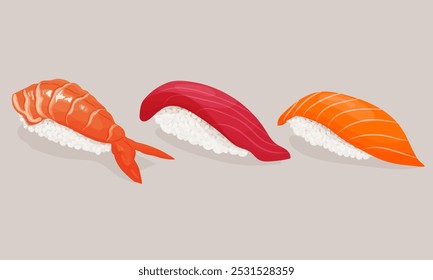 Set of sushi and sashimi. A traditional Japanese dish. Rice with fish. Delicious restaurant food. Vector illustration