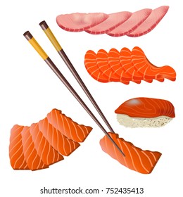 Set of sushi and sashimi. Vector illustration isolated on the white background