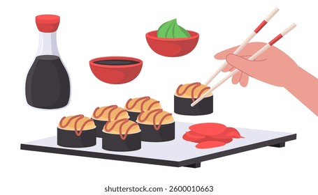 Set of sushi, sauce, wasabi and hand with chopsticks on isolated background. 

Vector illustration in a flat style

