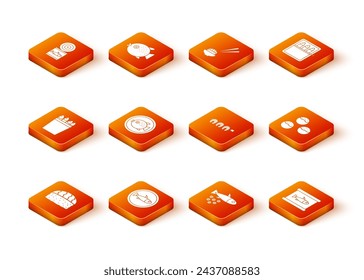 Set Sushi, Served fish on a plate, Fishing bucket with fishes, Puffer, caviar, Grilled steak, Canned and Takoyaki icon. Vector